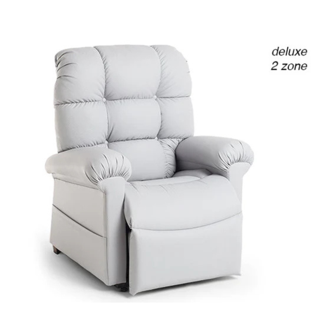 Experience ultimate comfort with the Journey Perfect Sleep Reclining Lift Chair with Heat. Its light gray deluxe 2 zone design offers cushioned reclining features, padded armrests, and a high backrest for a perfectly cozy experience.